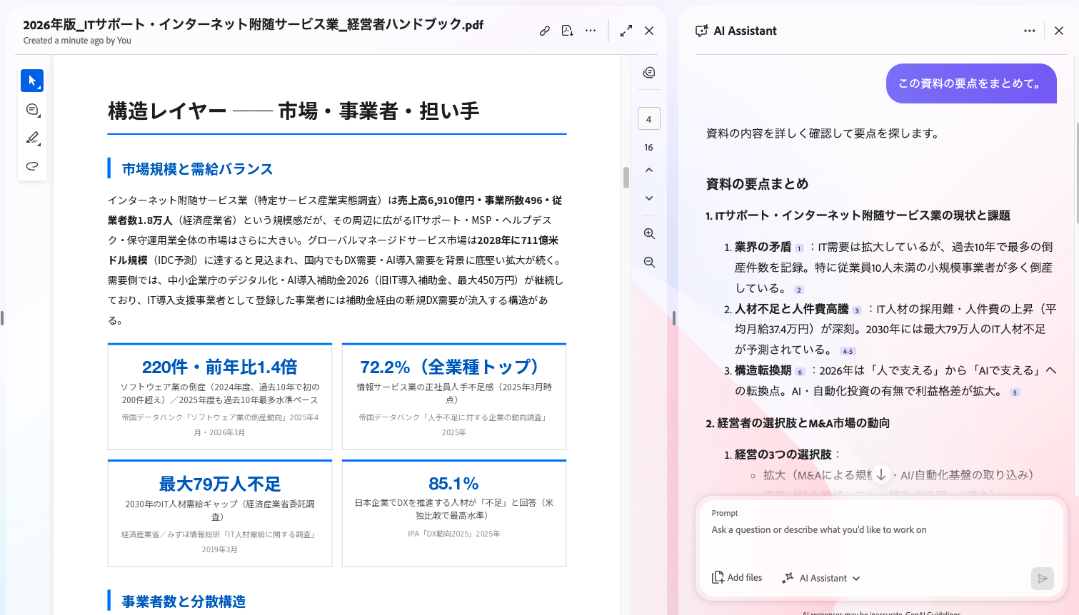 AIアシスタントが業界レポートを読み込み、「市場バランス・事業者・担い手」のレイヤーごとに主要数値と論点を構造化して回答している画面